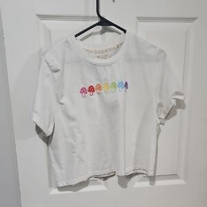 Embroidered Mushroom Cropped Tee | Cottagecore Graphic Top | Size M